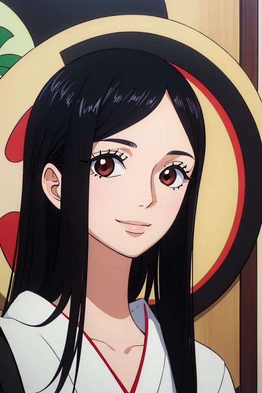 (best quality,4k,8k,highres,masterpiece:1.2), ultra-detailed, Animated, girl, mature face, long black hair, brown eyes, black hair, cool girl, flat, smile, she is painting , japanese clothes