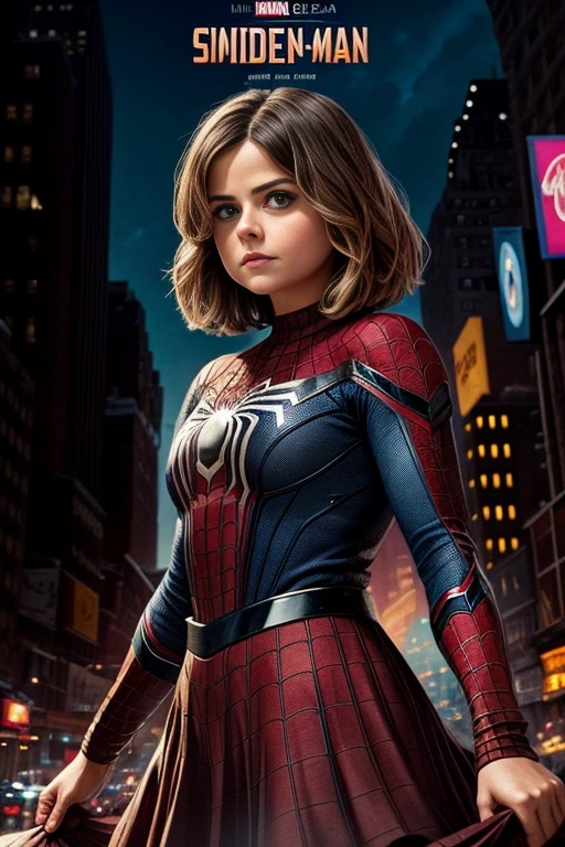 Jenna Louise Coleman、マーベルコミックの映画Poster、so beautiful、Movies about Spider-Man、sexy、whole body、Wearing a skirt、Premiere Date、Poster、belly buttonを突き出す、new york、She&#39;s wearing a ripped Spiderman suit、The suit is torn、Wearing a skirt、Red and black color scheme、dynamic、masterpiece、highest quality、Super detailed、Very detailed、Delicate and beautiful shine、Ultra-high resolution、Cinematic、break、breakドロップ、(Torn clothes:1.5)、(Wet clothes:1.4)、Bare shoulders、Real Rain、Wet Hair、belly button、Exposed Skin、sexyな肩を披露