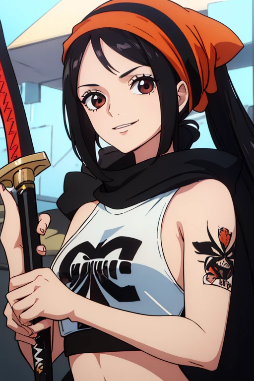 (best quality,4k,8k,highres,masterpiece:1.2), ultra-detailed, Animated, girl, mature face, long black hair, brown eyes, black hair, graffiti, girl graffer, durag, cool girl, flat, smile, 2 knives swords on the back