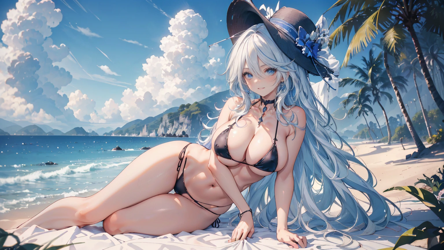 ((masterpiece, high resolution, better quality, better details)), (anime), a woman lying on a bed on the beach, ((toothy smile)), ((royal blue micro bikini with black details)), ((thong bikini)), cleavage, black neck choker, large straw hat, white hair with blue highlights, shiny skin, ((slender body)), front view, beach landscape, wide hips, slim waist, big breasts,