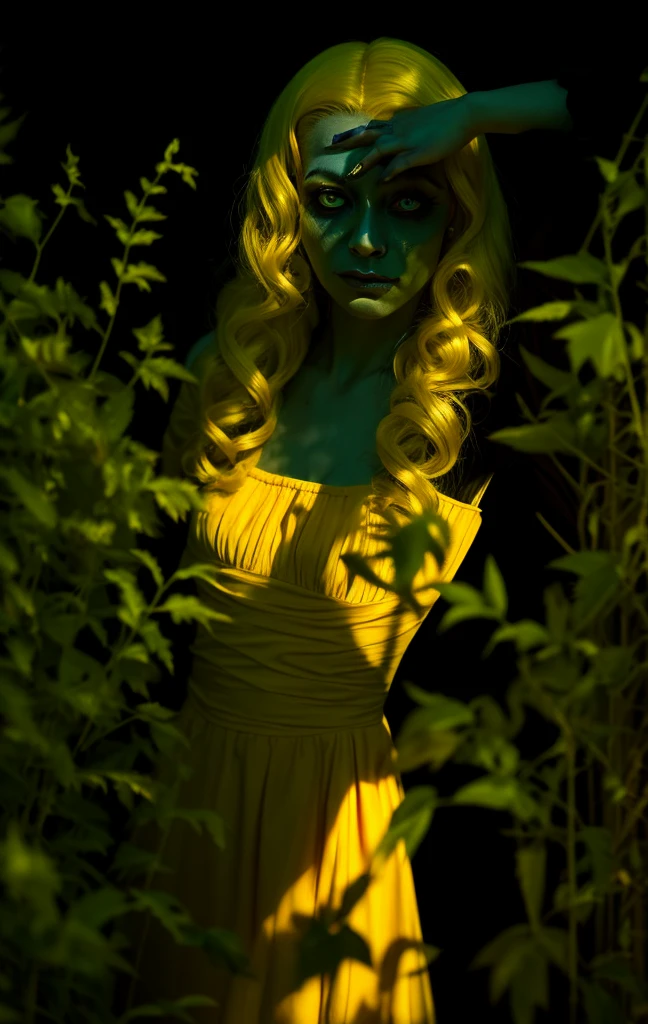 Dark Portrait, Unclean, evil, Astral, creepy style, Undead, Rotten skin, Mysterious, Nice perfect face, Portrait of a beautiful woman from behind in a flower forest, cigarette, haze, Yellow Dress, Yellow glowing sun, Big curly blonde hair, Yellow glow, Yellow Eyes, Horror