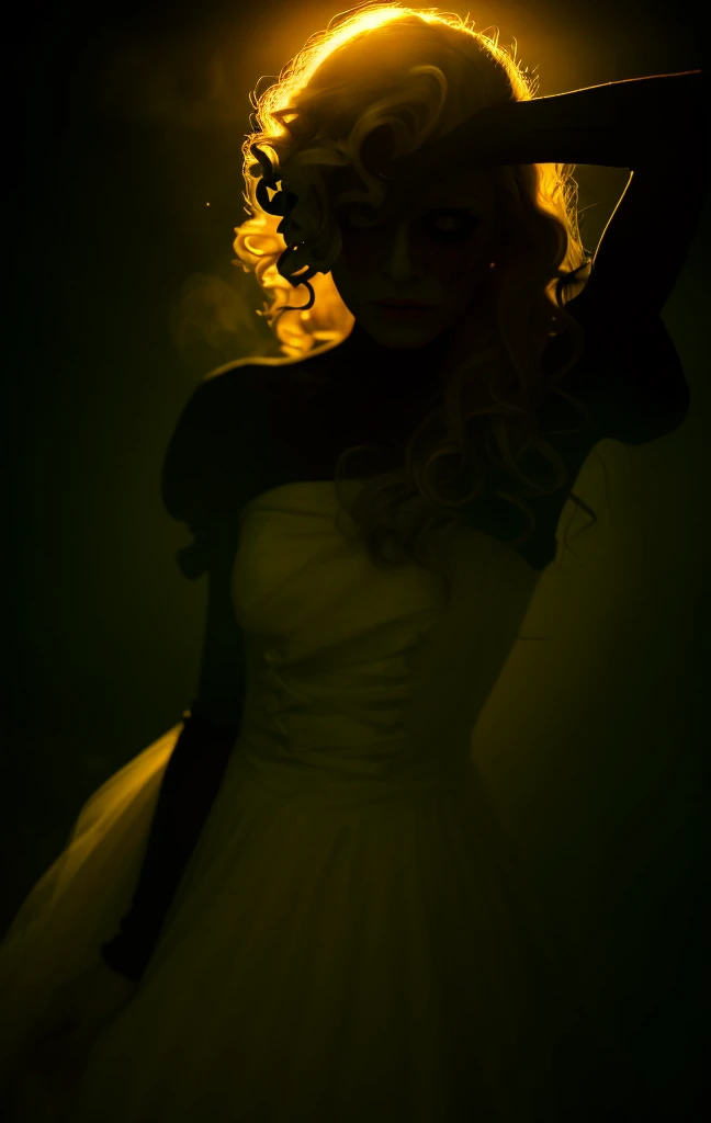 Dark Portrait, Unclean, evil, Astral, creepy style, Undead, Rotten skin, Mysterious, Nice perfect face, Portrait of a beautiful woman from behind in a flower forest, cigarette, haze, Yellow Dress, Yellow glowing sun, Big curly blonde hair, Yellow glow, Yellow Eyes, Horror