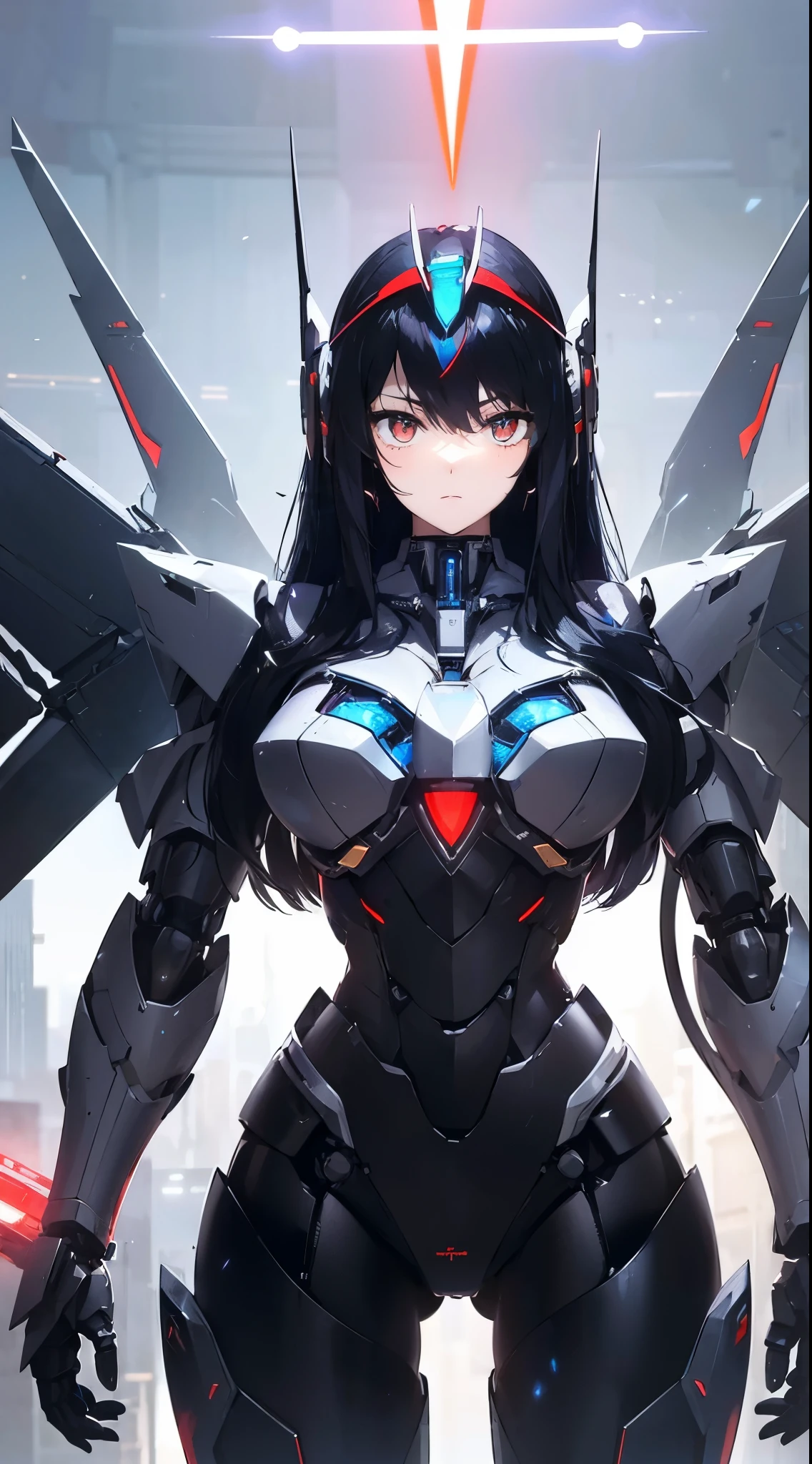 Machine eyes glowing red、Expressionless