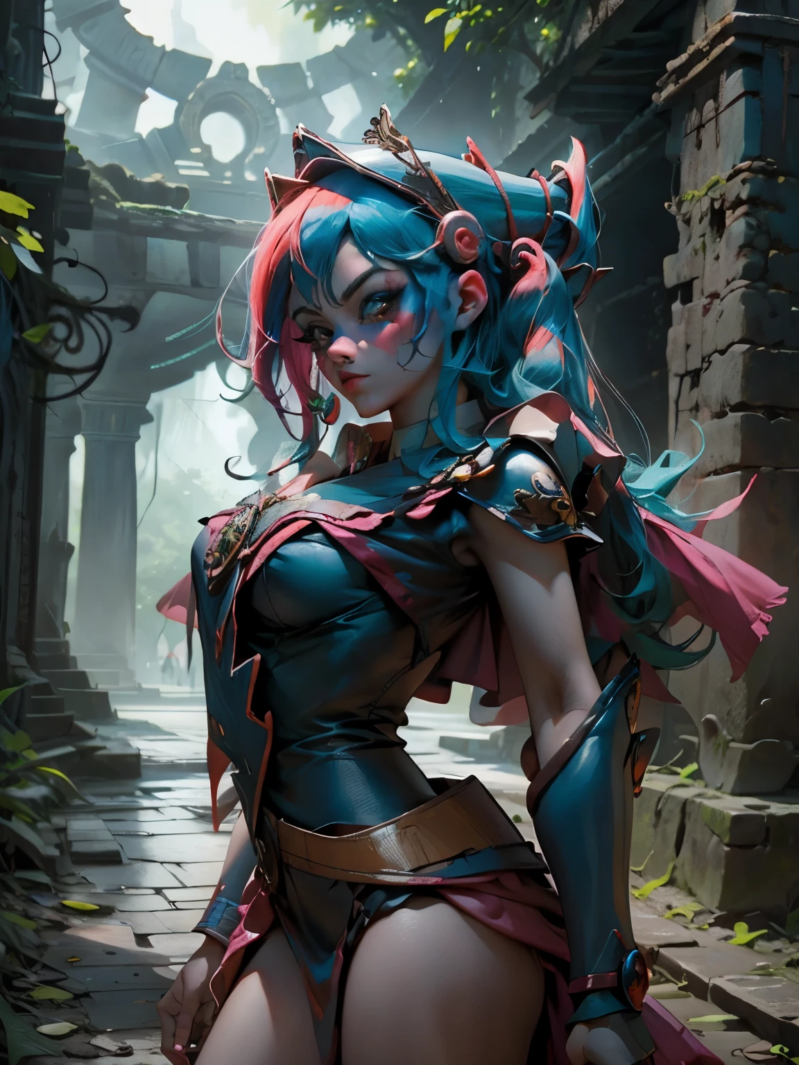 Hermosa y sensual dark magician gils vestida como Harley Quinn. pelo rojo y azul. Labios rojos. Ojos azules. Fondo de ruinas MAYAS De TIKAL. en medio de la selva . Ruina maya de Tikal. Pose amistosa