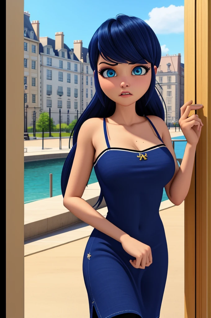 (8k, RAW photo, best quality, masterpiece:1.2), (intricate details), perfect eyes, perfect face, perfect lighting, beautiful, (masterpiece:1.2), (best quality:1.2), 1girl, solo, marinette, blue hair, ((long loosen hair)), adult torso, , slight smile, huge sized breasts, (tube top short dress), cowboy shot, 3DMM, standing, front view hot, angry, emo, dark makeup 