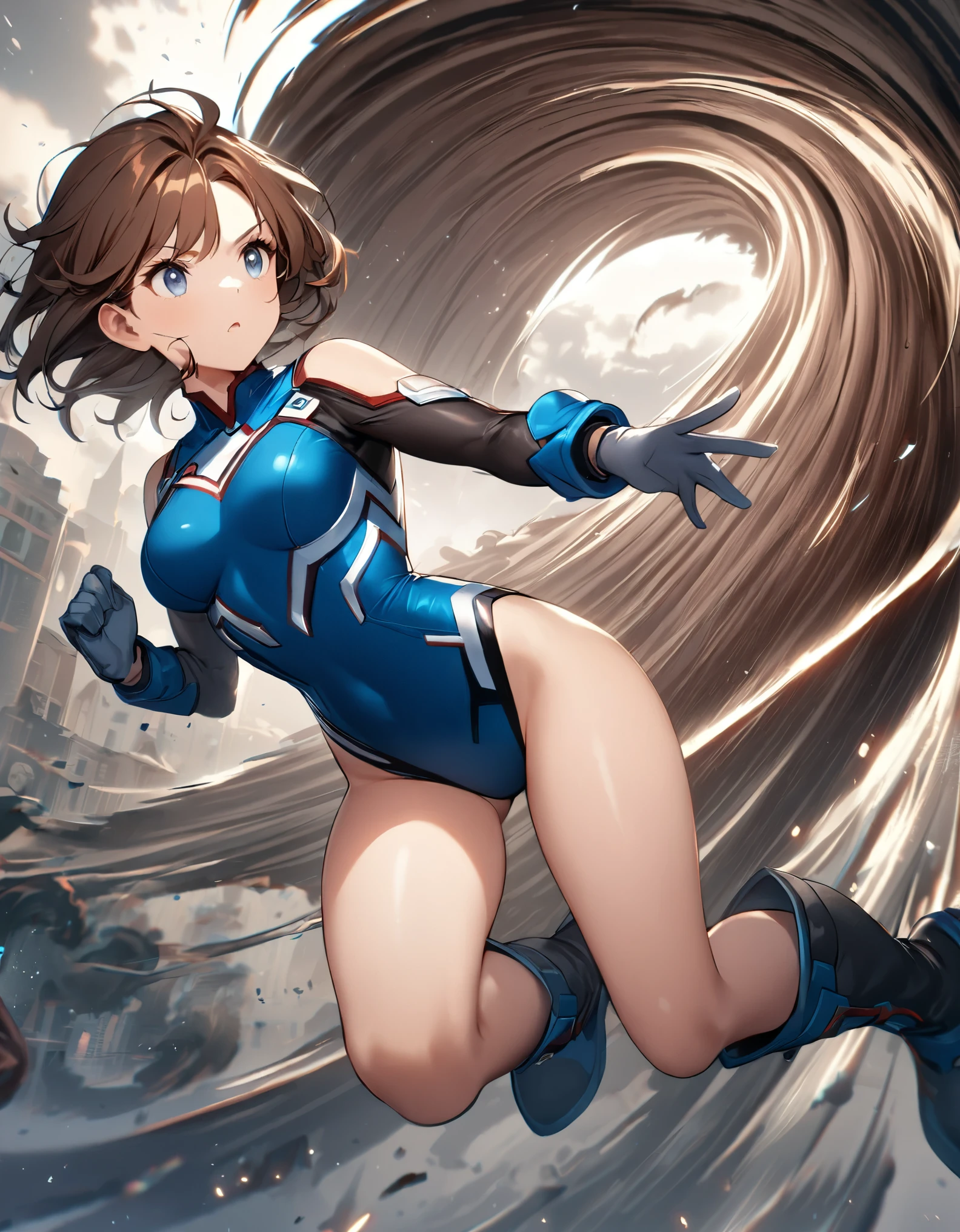1girl, solo, solo focus, female superhero, medium breasts, leotard, red and blue leotard, bare legs, boots, matching boots, gloves, matching gloves, brown hair, blue-grey eyes, full body. (she spins) at an ((incredible speed)), creating a whirlwind of air around her. curved sword smash. ((she spins)) into a ((tornado)).