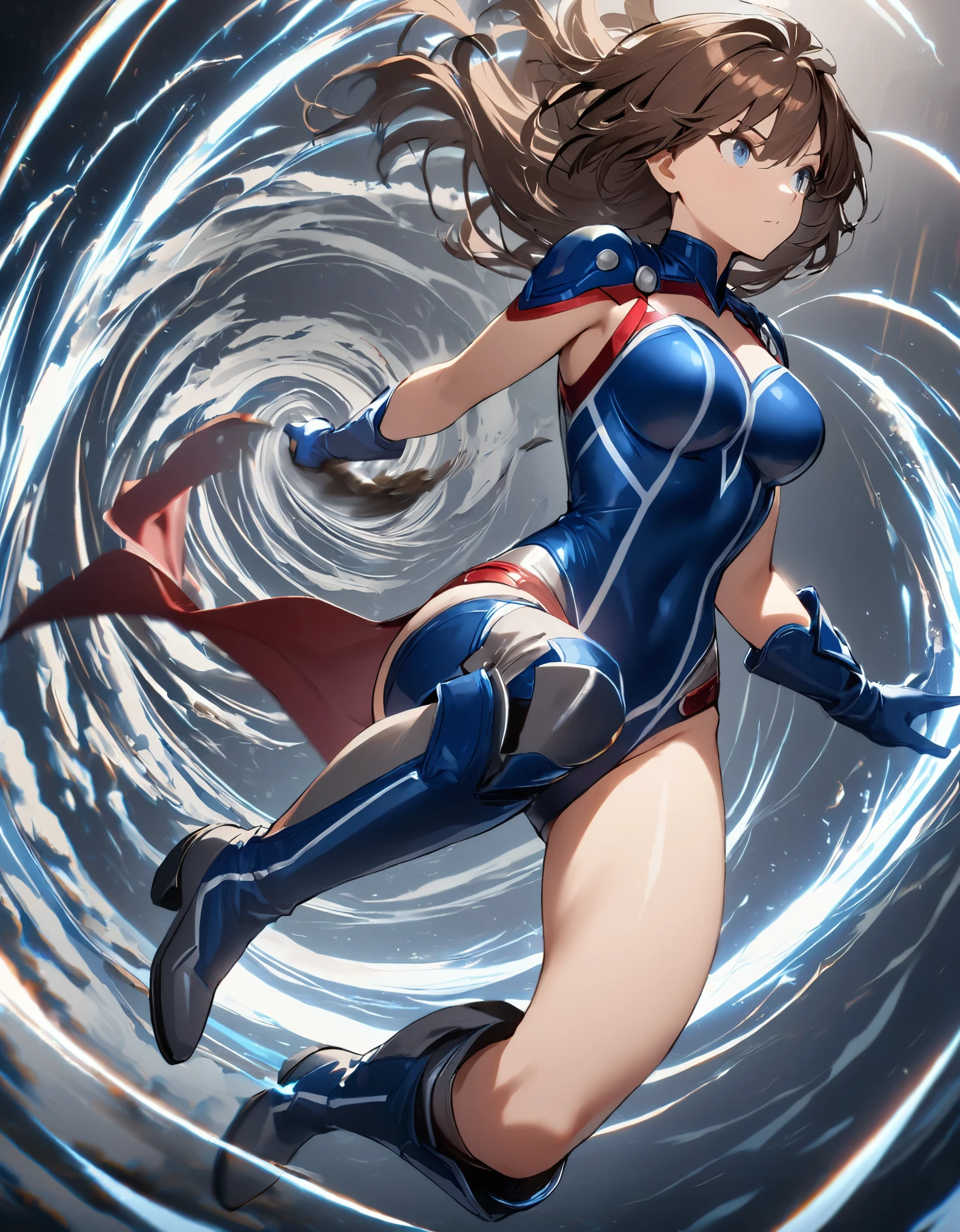 1girl, solo, solo focus, female superhero, medium breasts, leotard, red and blue leotard, bare legs, boots, matching boots, gloves, matching gloves, brown hair, blue-grey eyes, full body. (she spins) at an ((incredible speed)), creating a whirlwind of air around her. curved sword smash. ((she spins)) into a ((tornado)).