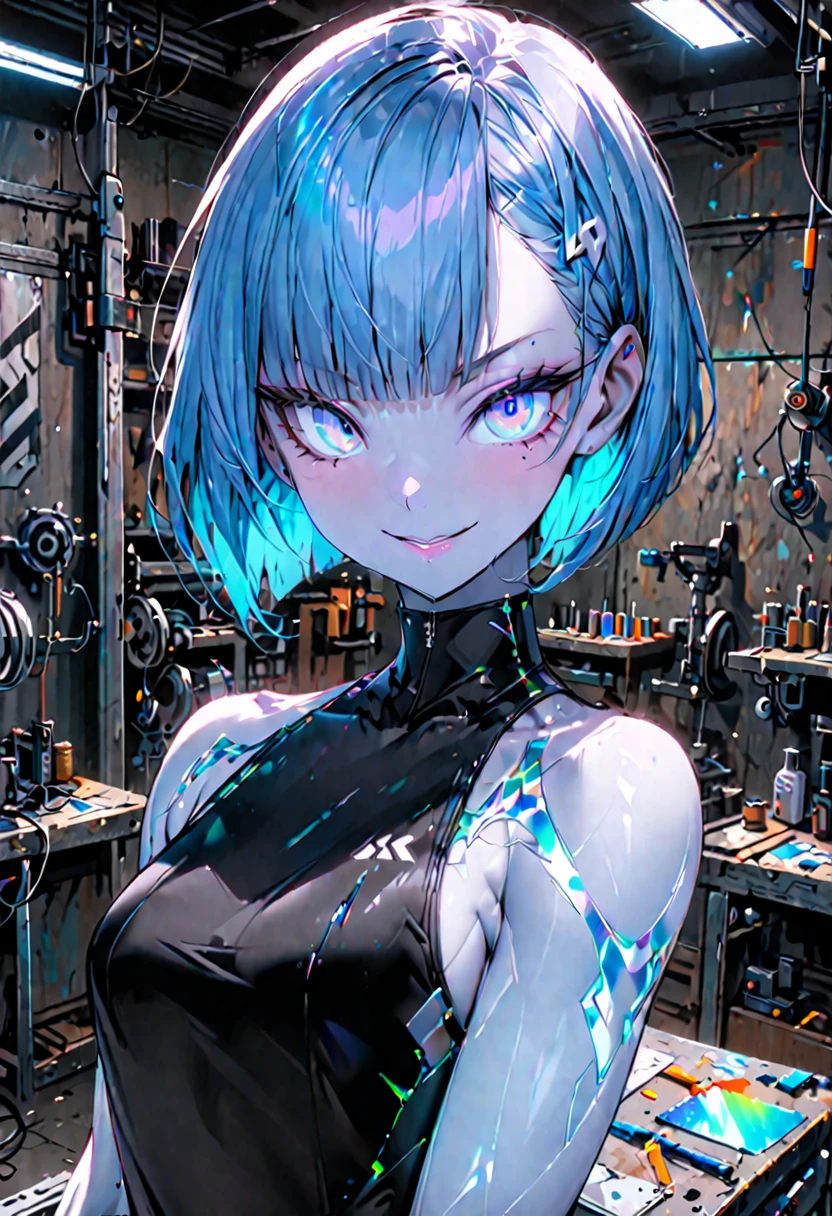 solo, female, sfw, medium shot, iridescent eyes, vibrant electric blue hair, sleek asymmetrical bob cut hair, pale skin, bright skin, lithe, athletic, workshop, futuristic, mischievous smile, black tank top, creamy skin