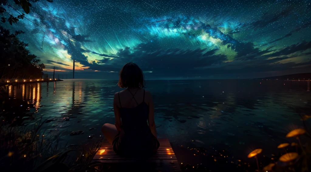 ((night sky, starry sky)), sun cooled,sound of waves, fireflies, slow beat, woman sitting by the waves