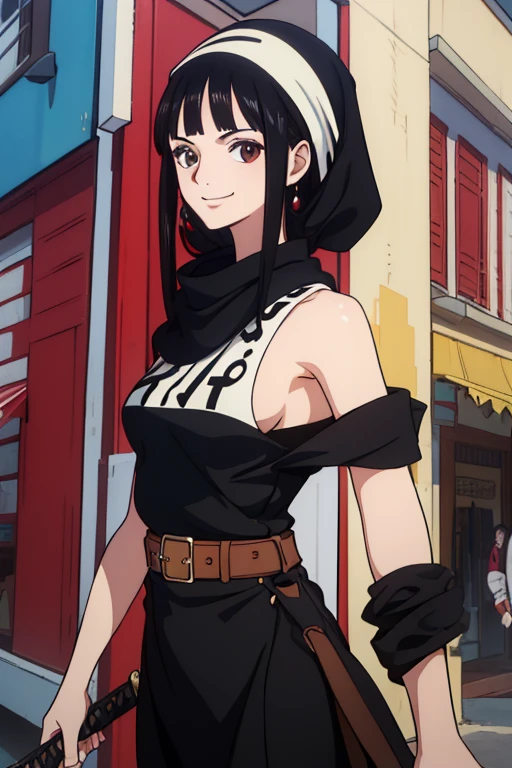 (best quality,4k,8k,highres,masterpiece:1.2), ultra-detailed, Animated, girl, mature face, long black hair, brown eyes, black hair, graffiti,, durag, cool girl, flat, smile, 2 knives swords on the back