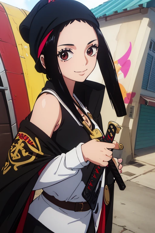(best quality,4k,8k,highres,masterpiece:1.2), ultra-detailed, Animated, girl, mature face, long black hair, brown eyes, black hair, graffiti,, durag, cool girl, flat, smile, 2 knives swords on the back