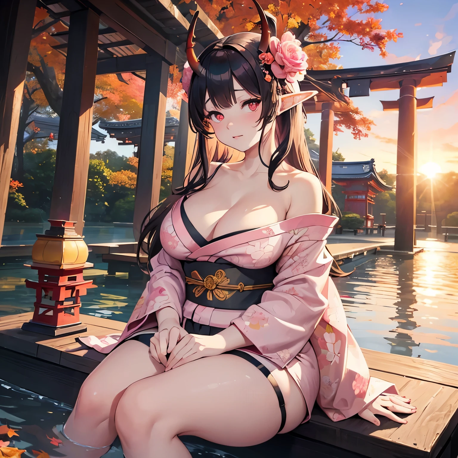 ((((((Solo)))))), ((pale girl)), horns attached to forehead, (((pink floral kimono))), ((kimono off shoulder)), long black hair, (beautiful red eyes), (sitting by water), looking up at viewer, (sunset), (((mature woman))), (((mature))), ((large breasts)), ((((curvy)))), (((oni horns))), (detailed lighting), happy, (pouting), (elf ears), up close), (high view), hands between knees, sitting down, Japanese shrine, fall leaves