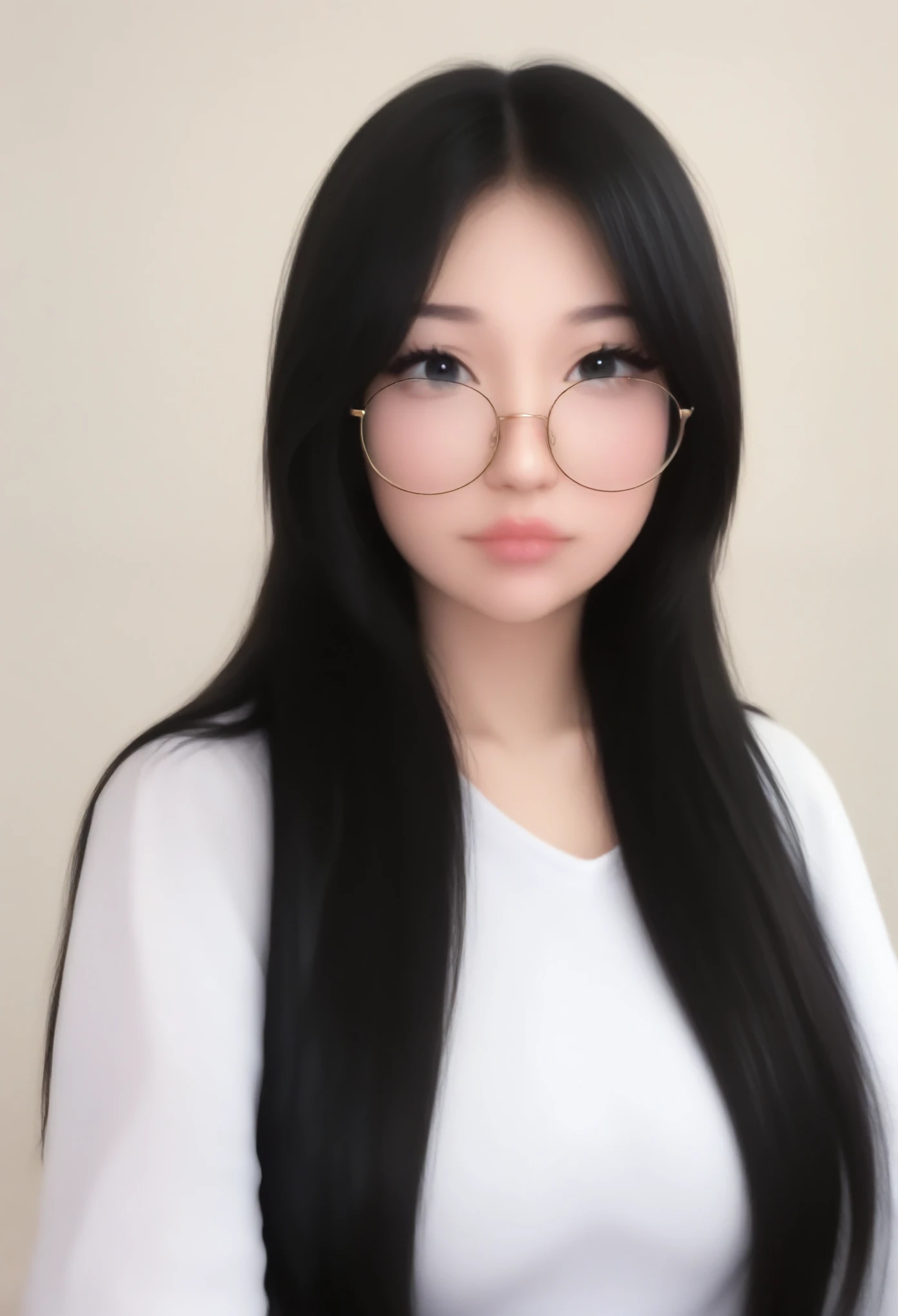 leelpipstan, yurasweb, big lips, lips, sexy lips, glasses, 1girl, black hair, long hair, solo, realistic, round eyewear, looking at viewer, lips, sitting, shirt, white shirt, black eyes, closed mouth, upper body