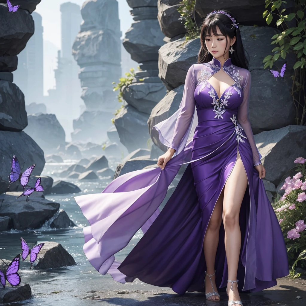 Full body Asian woman wearing purple dress and butterfly details in white stones, falda de encaje y escote en forma V