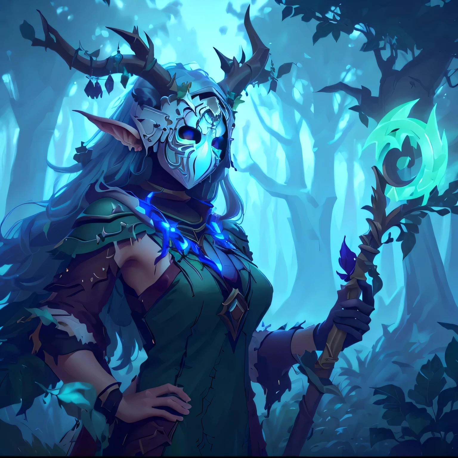 a close up of a woman with a horned head and a staff, druid portrait, world of warcraft elven druid, portrait of a forest mage, druid, nature druid, tree druid, beautiful female druid, alluring tiefling druid, fantasy hearthstone art style, druid goddess, female druid, 8 k hd wallpaperjpeg artifact, Green and White Mask