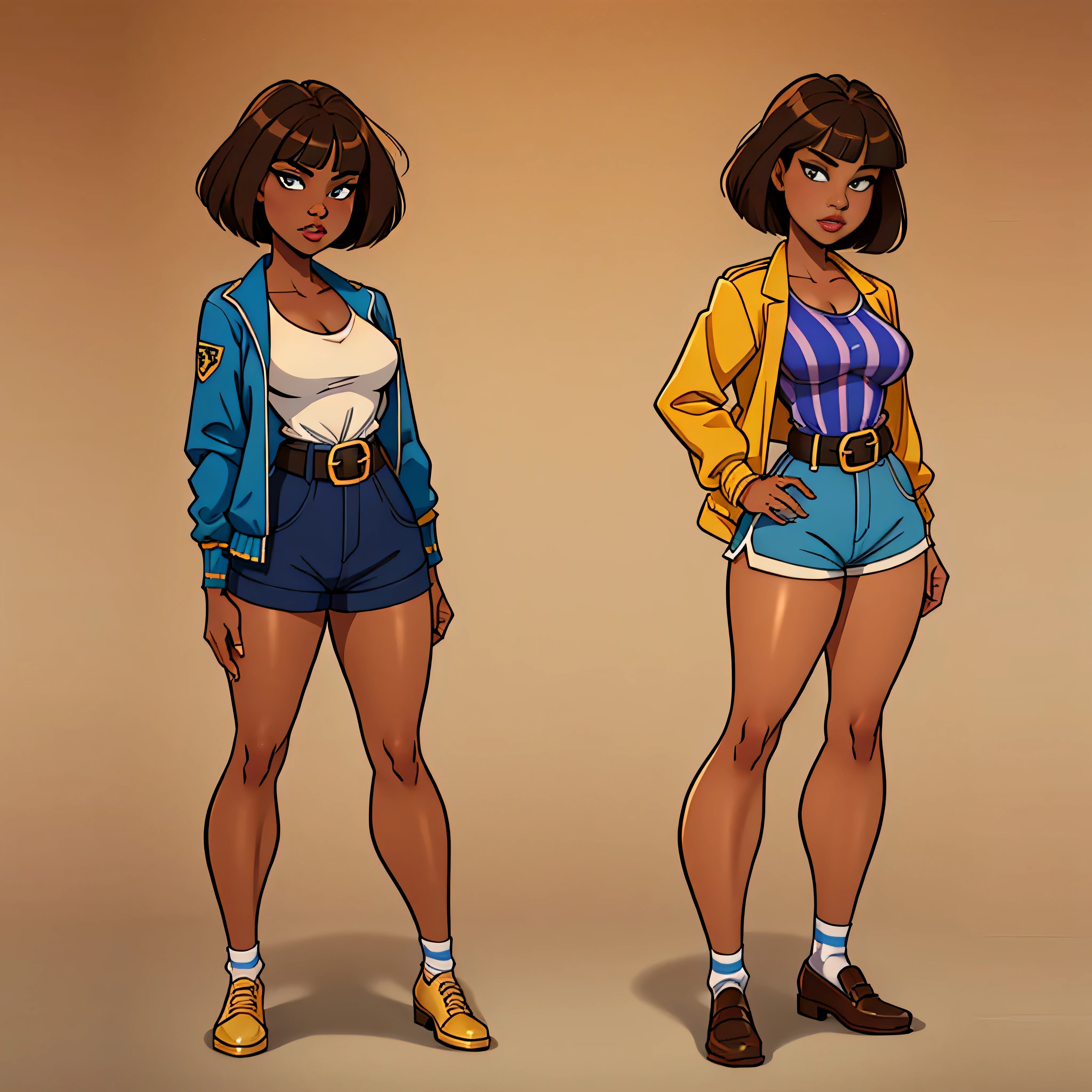 Talia has waist brown hair with straight bangs, dark skin, and amber eyes. She usually wears a white and dark blue striped top with a blue jacket rolled up at the elbows, tan shorts with a blue sash belt, and brown shoes with gold buckles.