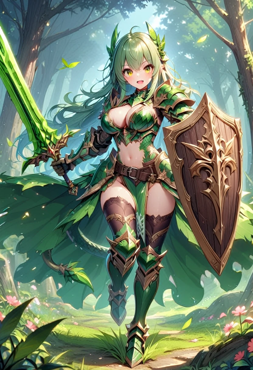 (masutepiece, Best Quality),shield, 1girl, weapon, solo, faux-figurine, holding-shield, long-hair, breasts, sword, green-hair, holding, navel, armor, holding-weapon, open-mouth, large-breasts, grass, looking-at-viewer, full-body, holding-sword, belt, smile, thighhighs, cleavage, shoulder-armor, yellow-eyes, monster-girl, tail, standing, gauntlets, flower, midriff, bangs, (scales), helmet, bare-shoulders pauldrons, blush, green-tail, bikini-armor, upper-teeth-only, pelvic-curtain, teeth, armored-boots, blue-thighhighs, very-long-hair, black-thighhighs, wavy-hair, knight, ((scaly skin)), Sword and shield
