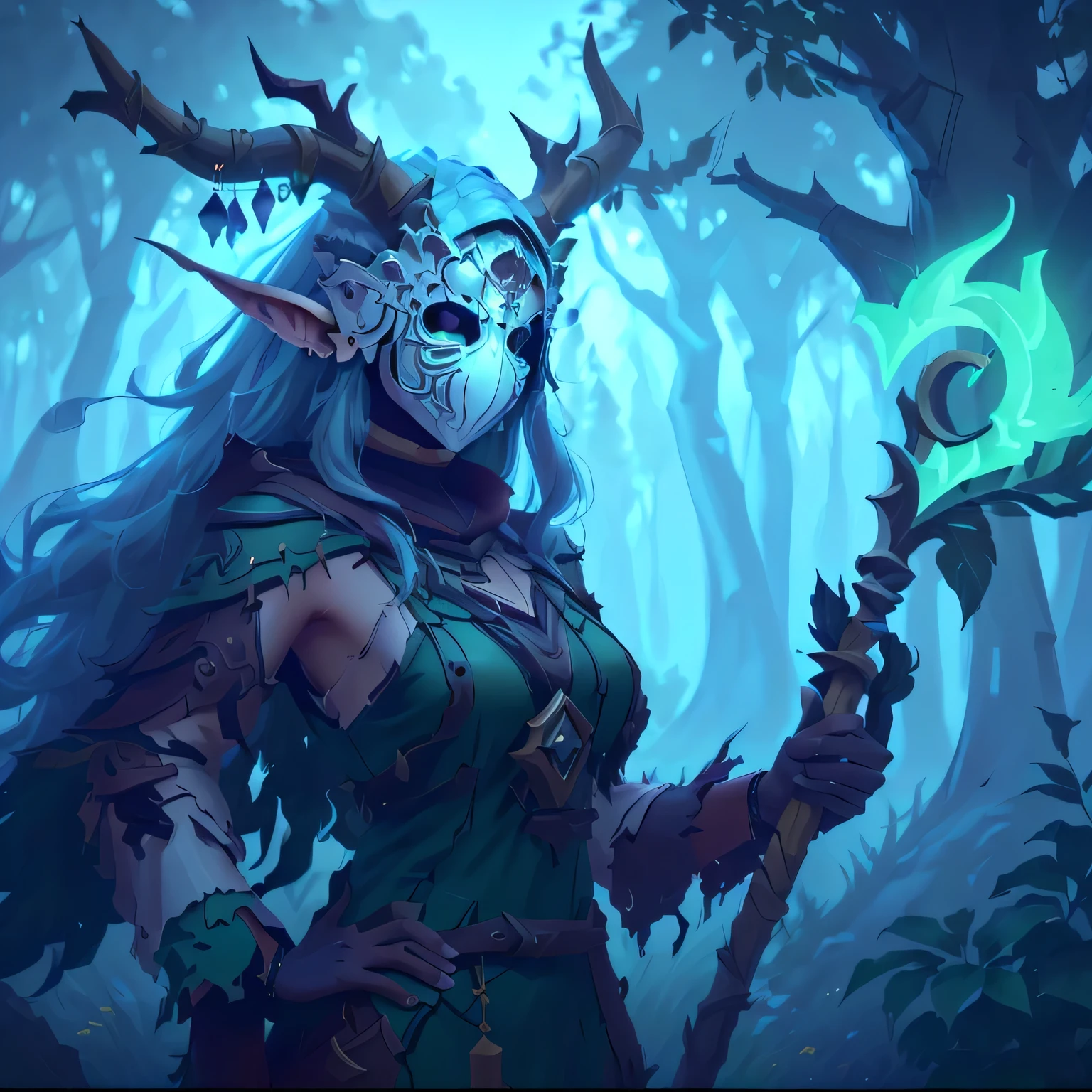 a close up of a woman with a horned head and a staff, druid portrait, world of warcraft elven druid, portrait of a forest mage, druid, nature druid, tree druid, beautiful female druid, alluring tiefling druid, fantasy hearthstone art style, druid goddess, female druid, 8 k hd wallpaperjpeg artifact, Green and White Mask