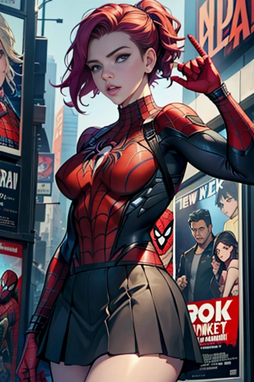 Scarlett Johansson、マーベルコミックの映画Poster、so beautiful、Movies about Spider-Man、sexy、whole body、Wearing a skirt、Premiere Date、Poster、belly buttonを突き出す、new york、She's wearing a ripped Spiderman suit、The suit is torn、Wearing a skirt、Red and black color scheme、dynamic、masterpiece、highest quality、Super detailed、Very detailed、Delicate and beautiful shine、Ultra-high resolution、Cinematic、break、breakドロップ、(Torn clothes:1.5)、(Wet clothes:1.4)、Bare shoulders、Real Rain、Wet Hair、belly button、Exposed Skin、sexyな肩を披露