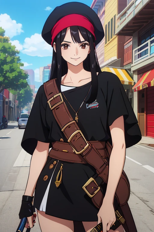 (best quality,4k,8k,highres,masterpiece:1.2), ultra-detailed, Animated, girl, mature face, long black hair, brown eyes, black hair, graffiti,, durag, cool girl, flat, smile, 2 knives swords on the back