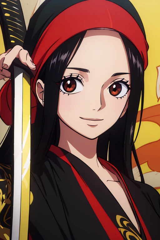 (best quality,4k,8k,highres,masterpiece:1.2), ultra-detailed, Animated, girl, mature face, long black hair, brown eyes, black hair, graffiti,, durag, cool girl, flat, smile, 2 knives swords on the back