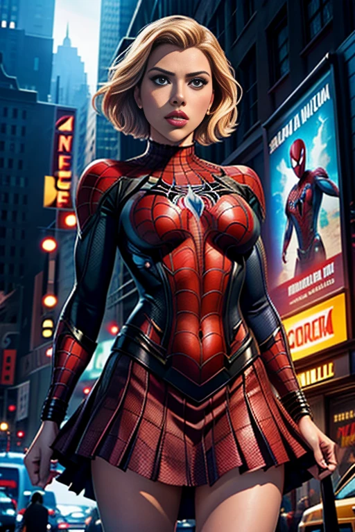 Scarlett Johansson、マーベルコミックの映画Poster、so beautiful、Movies about Spider-Man、sexy、whole body、Wearing a skirt、Premiere Date、Poster、belly buttonを突き出す、new york、She's wearing a ripped Spiderman suit、The suit is torn、Wearing a skirt、Red and black color scheme、dynamic、masterpiece、highest quality、Super detailed、Very detailed、Delicate and beautiful shine、Ultra-high resolution、Cinematic、break、breakドロップ、(Torn clothes:1.5)、(Wet clothes:1.4)、Bare shoulders、Real Rain、Wet Hair、belly button、Exposed Skin、sexyな肩を披露