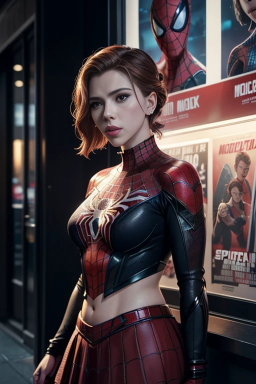 Scarlett Johansson、マーベルコミックの映画Poster、so beautiful、Movies about Spider-Man、sexy、whole body、Wearing a skirt、Premiere Date、Poster、belly buttonを突き出す、new york、She&#39;s wearing a ripped Spiderman suit、The suit is torn、Wearing a skirt、Red and black color scheme、dynamic、masterpiece、highest quality、Super detailed、Very detailed、Delicate and beautiful shine、Ultra-high resolution、Cinematic、break、breakドロップ、(Torn clothes:1.5)、(Wet clothes:1.4)、Bare shoulders、Real Rain、Wet Hair、belly button、Exposed Skin、sexyな肩を披露