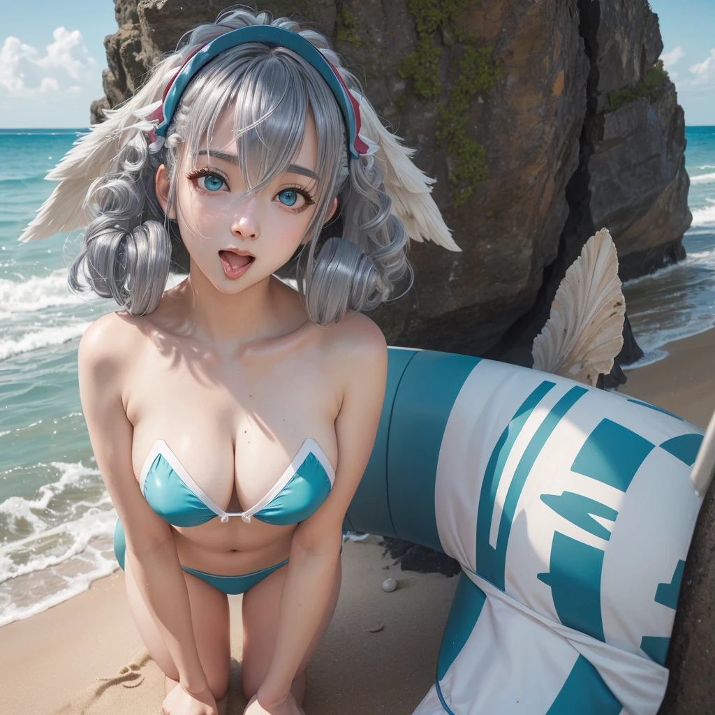 score_9, score_8 up, score_7 up, masterpiece, best quality, highly detailed, 5girl, solo, silver hair, curly hair, teal eyes, hair between eyes, medium hair, highres, medium breast, swimsuit, outdoors, beach, innocent, beautiful, mouth open, tongue out