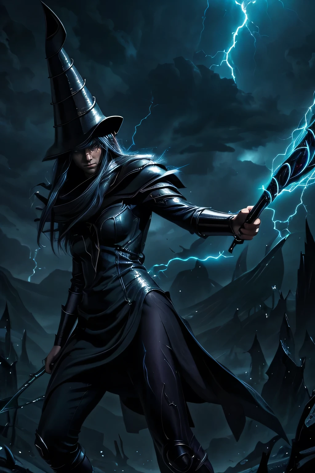 a powerful witch casting dark magical lightning bolts, highly detailed, intense dramatic lighting, cinematic composition, dark moody colors, intricate magical effects, epic fantasy art