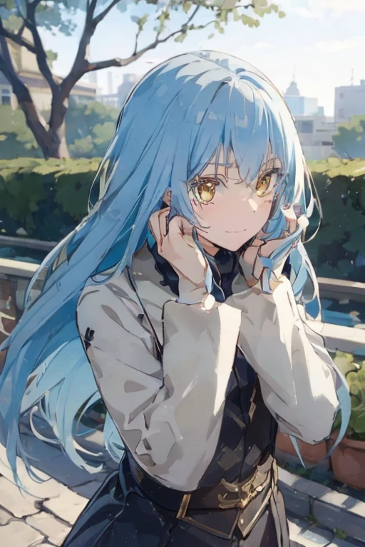 （Pretty sister:1.3, embarrassed face, spring atmosphere, small figure, noon, silver blue hair, deep golden eyes, Super detailed, small breasts, extremely detailed, high quality