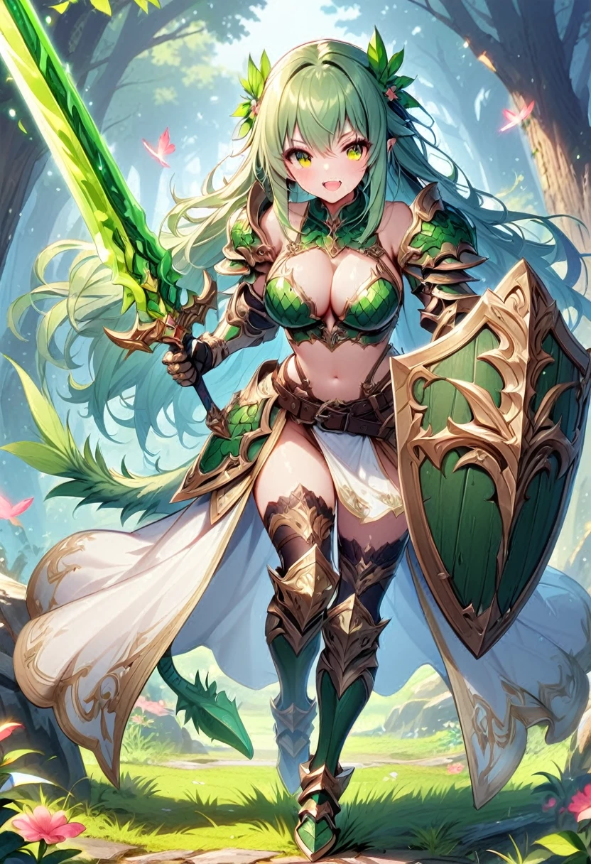 (masutepiece, Best Quality),shield, 1girl, weapon, solo, faux-figurine, holding-shield, long-hair, breasts, sword, green-hair, holding, navel, armor, holding-weapon, open-mouth, large-breasts, grass, looking-at-viewer, full-body, holding-sword, belt, smile, thighhighs, cleavage, shoulder-armor, yellow-eyes, monster-girl, tail, standing, gauntlets, flower, midriff, bangs, (scales), helmet, bare-shoulders pauldrons, blush, green-tail, bikini-armor, upper-teeth-only, pelvic-curtain, teeth, armored-boots, blue-thighhighs, very-long-hair, black-thighhighs, wavy-hair, knight, ((scaly skin)), Sword and shield
