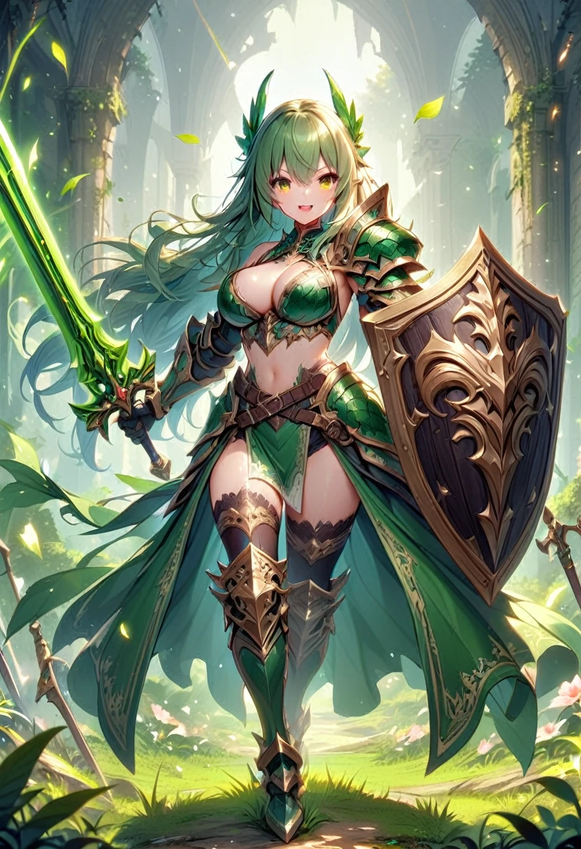 (masutepiece, Best Quality),shield, 1girl, weapon, solo, faux-figurine, holding-shield, long-hair, breasts, sword, green-hair, holding, navel, armor, holding-weapon, open-mouth, large-breasts, grass, looking-at-viewer, full-body, holding-sword, belt, smile, thighhighs, cleavage, shoulder-armor, yellow-eyes, monster-girl, tail, standing, gauntlets, flower, midriff, bangs, (scales), helmet, bare-shoulders pauldrons, blush, green-tail, bikini-armor, upper-teeth-only, pelvic-curtain, teeth, armored-boots, blue-thighhighs, very-long-hair, black-thighhighs, wavy-hair, knight, ((scaly skin)), Sword and shield