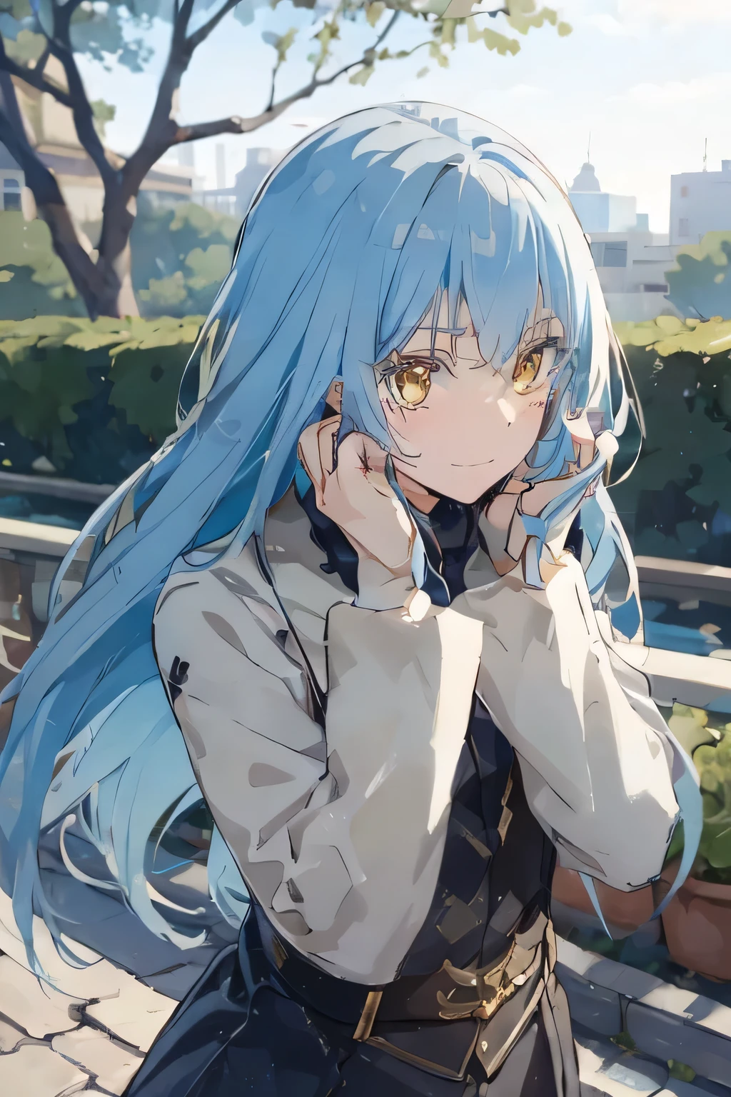 （Pretty sister:1.3, embarrassed face, spring atmosphere, small figure, noon, silver blue hair, deep golden eyes, Super detailed, small breasts, extremely detailed, high quality