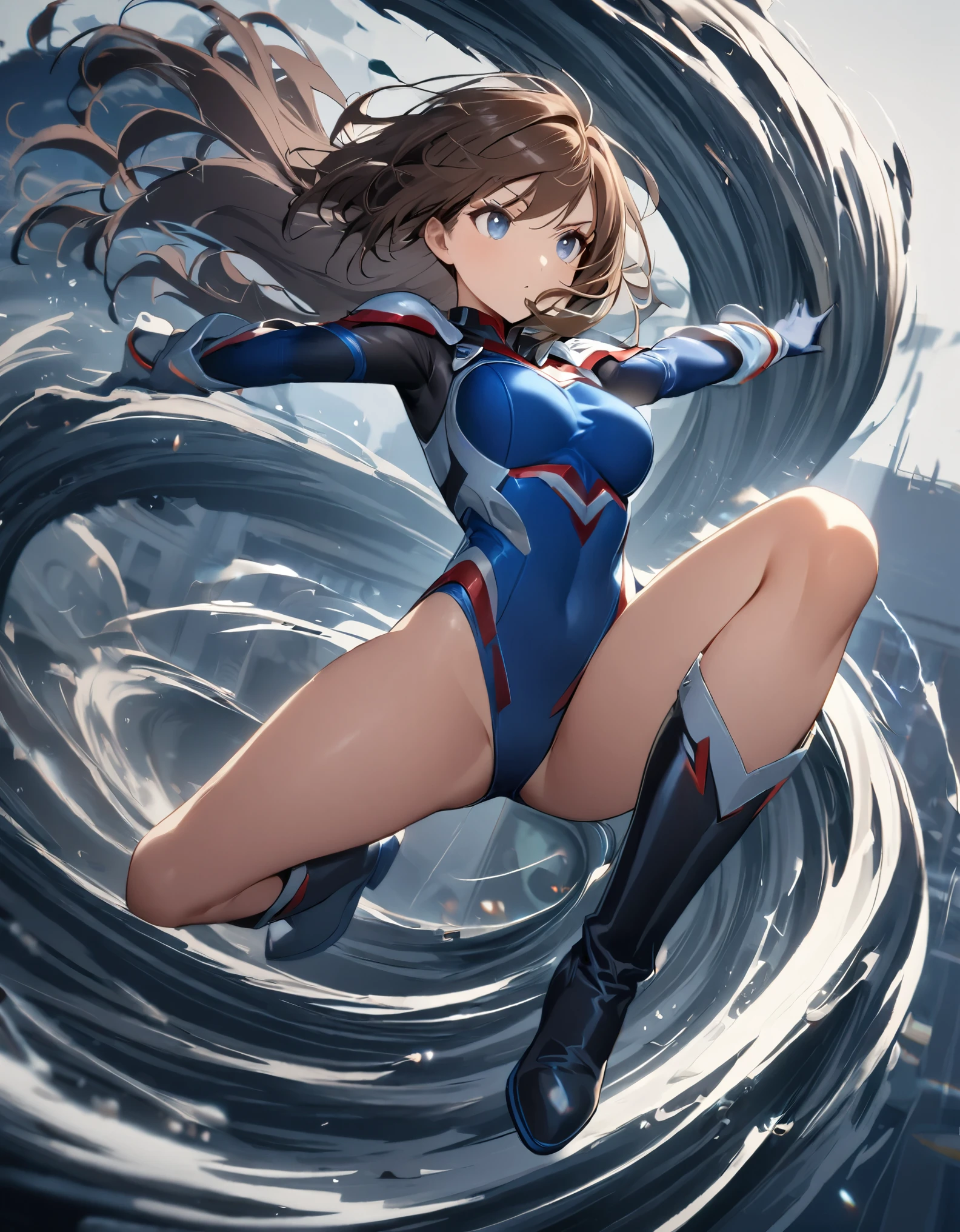 1girl, solo, solo focus, female superhero, medium breasts, leotard, red and blue leotard, bare legs, boots, matching boots, gloves, matching gloves, brown hair, blue-grey eyes, full body. (she spins) at an (incredible speed), creating a whirlwind of air around her. curved sword smash. ((she spins)) into a ((tornado)).