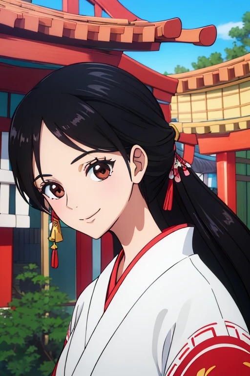 (best quality,4k,8k,highres,masterpiece:1.2), ultra-detailed, Animated, girl, mature face, long black hair, brown eyes, black hair, cool girl, flat, smile, japanese traditionnal clothes