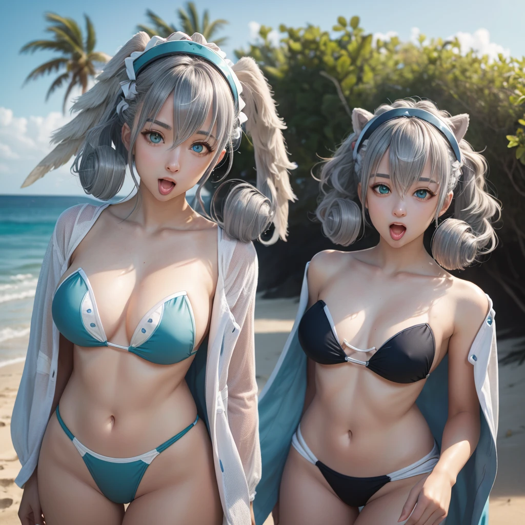 score_9, score_8 up, score_7 up, masterpiece, best quality, highly detailed, 5girl, silver hair, curly hair, teal eyes, hair between eyes, medium hair, highres, swimsuit, outdoors, beach, beautiful, mouth open, tongue out