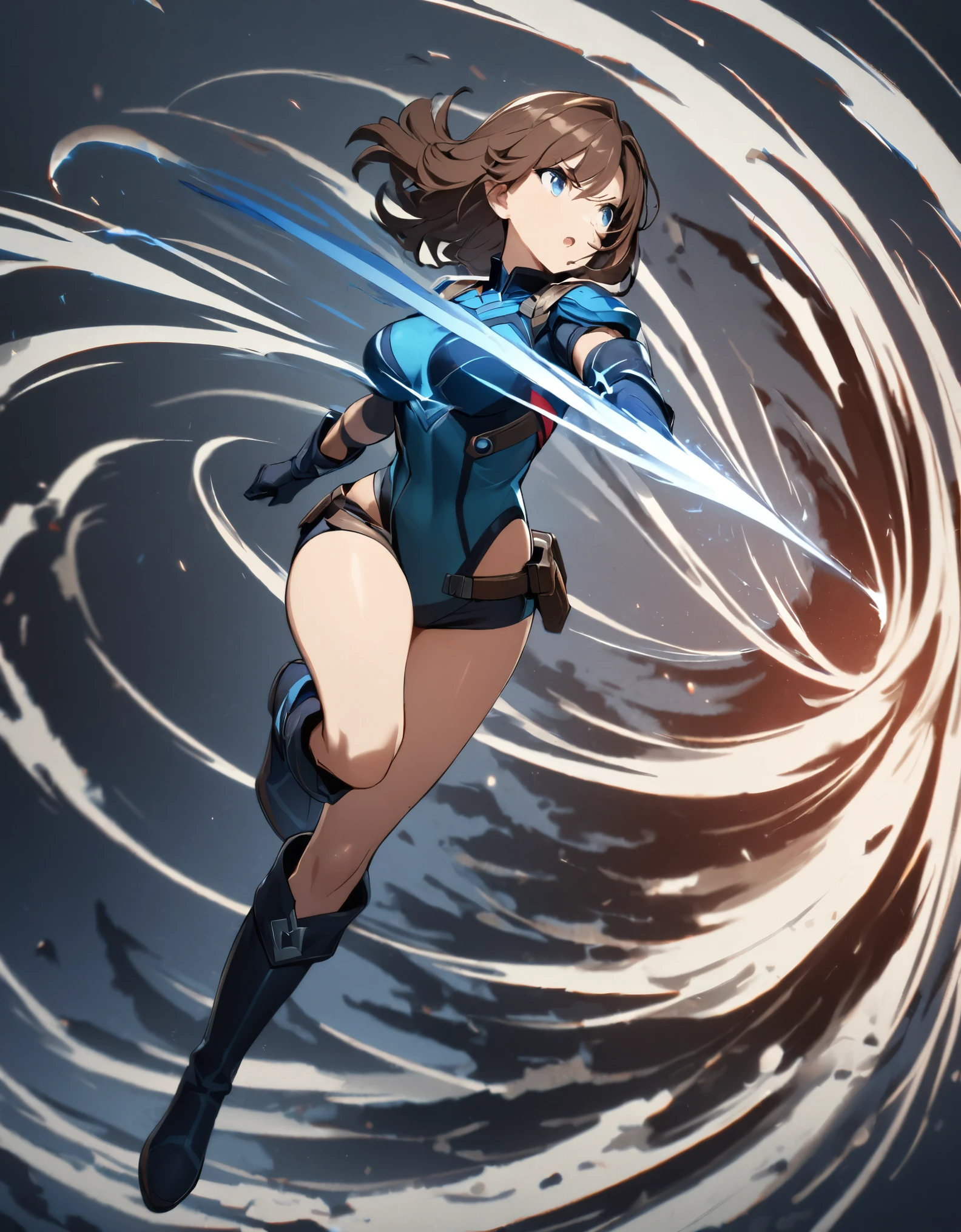 1girl, solo, solo focus, female superhero, medium breasts, leotard, red and blue leotard, bare legs, boots, matching boots, gloves, matching gloves, brown hair, blue-grey eyes, full body. (she spins) at an (incredible speed), creating a whirlwind of air around her. curved sword smash. ((she spins)) into a ((tornado)).