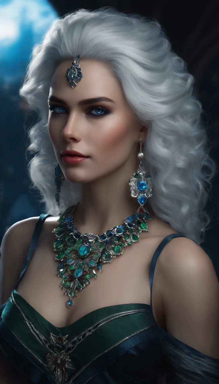 ((masterpiece, highest quality, Highest image quality, High resolution, photorealistic, Raw photo, 8K)), large opening, 1 girl, beautiful face, extremely detailed face, clothing that covers the entire body, black clothing, blue details on the clothing, bluish eyes, entire body, sword in hand, galactic blue and white background, white lights in the background, from the front, white hair, light skin, cyberpunk ((green ruby necklace))