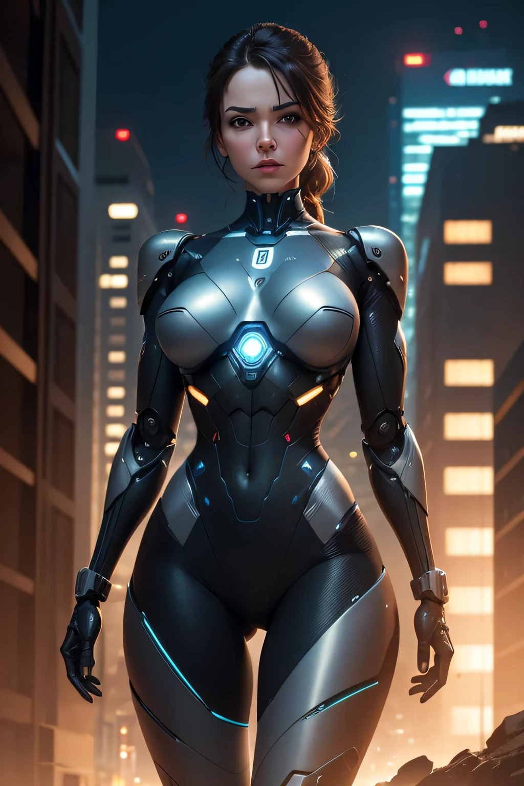 A woman is transformed into a spy robot　A body with exposed machinery　Mechanical limbs　The background is an office at night, UHD, retina, masterpiece, ccurate, anatomically correct, textured skin, super detail, high details, high quality, award winning, best quality, highres