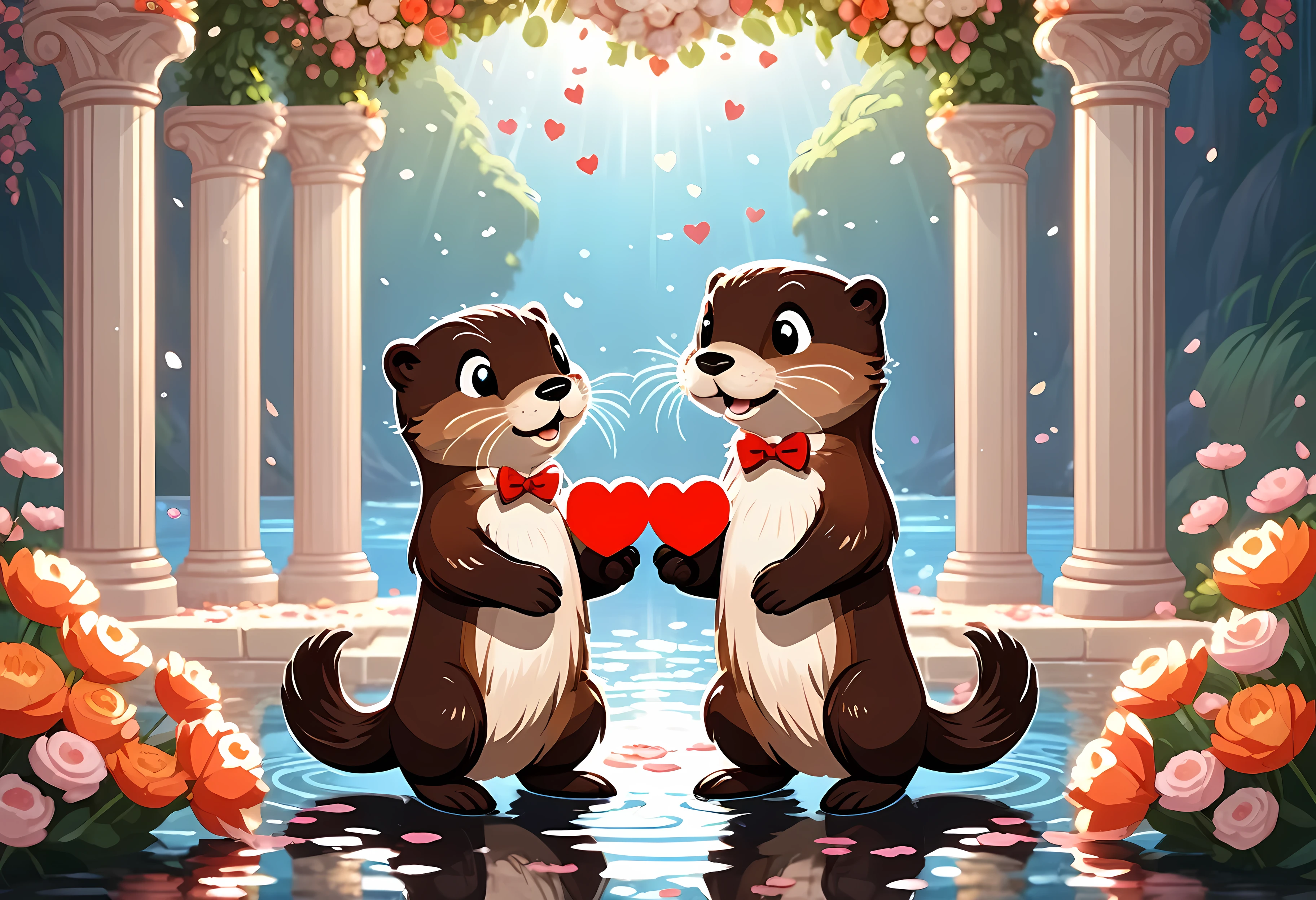 CuteCartoonAF, Cute Cartoon, cute cartoon pixel illustration, (masterpiece in maximum 16K resolution, superb quality, ultra detailed:1.3), side view of an otter love couple holding their paws on the (classic wedding ceremony), (vintage costumes:1.4), (columns surrounded with flowers, floating petals), divine aura, serene romantic atmosphere.
