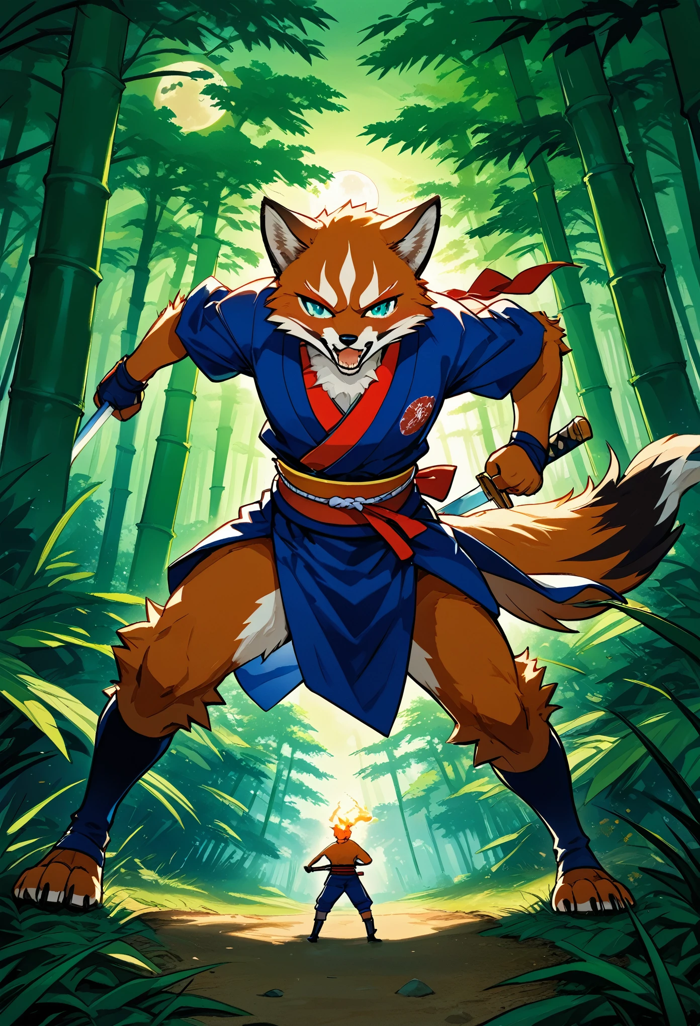 Top quality ultra-fine illustrations, movie posters, Zatoichi, Blind Swordsman(bamboo forest, dark night with beautiful full moon, rays of light through bamboo, backlighting, Tyndall phenomenon)(beautiful face and eyes, down to the details)Absurd perfect anatomy((Beastman, fighting, battle))(furry, pairs, boy with girls on his back, Japan kimono, ninja, sword with blue flames, battle duels, concentration lines)(Furry Antro)((((Furry body, animal facial features, animal body features)))) (((((Highly detailed fur of the animal)))))full body, sturdy look, shouting, combat regime (dynamic pose),