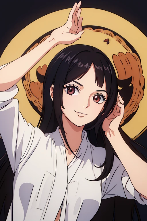 (best quality,4k,8k,highres,masterpiece:1.2), ultra-detailed, Animated, girl, mature face, long black hair, brown eyes, black hair, cool girl, flat, smile, german traditionnal clothes, almond shape eyes