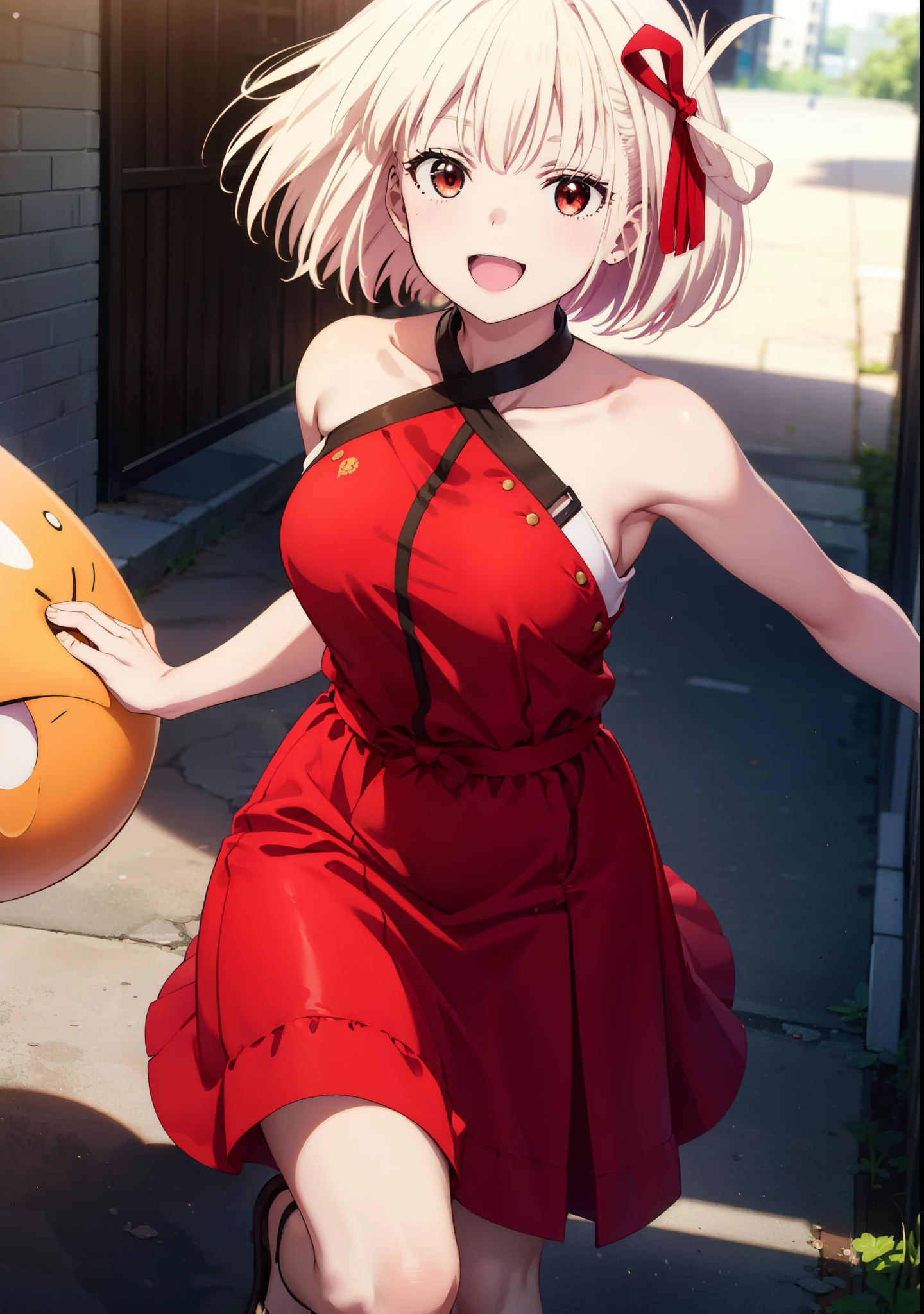 chisatonishikigi, Chisato Nishikigi, short hair, bangs, blonde, (Red eyes:1.5), Hair Ribbon, One side up, Bobcut,happy smile, smile, Open your mouth,
Open your mouth, Red sleeveless dress,Bare arms,Red long skirt,Cute Sandals,whole bodyがイラストに入るように,Daytime,sunny, walk,break looking at viewer,whole body, break outdoors, city,Area,bridge、 break (masterpiece:1.2), highest quality, High resolution, unity 8k wallpaper, (shape:0.8), (Beautiful details:1.6), Highly detailed face, Perfect lighting, Highly detailed CG, (Perfect hands, Perfect Anatomy),