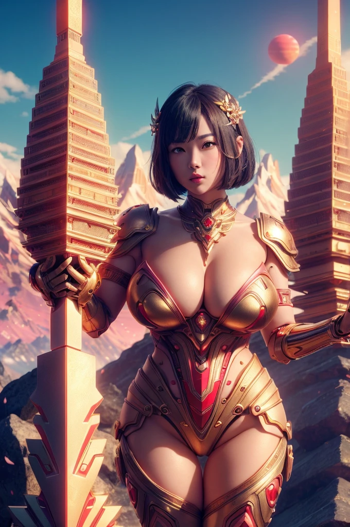 beautiful japanese young woman, wearing cyborg armor made of gold, thick symmetrical features, very short hair, background is cherry blossoms, pink aura, red lips, octane render, (Thick thighs:1.3), (Thick thighs:1.2), (huge breasts:1.3) ((Standing in the middle TOP OF A HIGH ROCKY MOUNTAIN, SUNSET, BLUE SKY,)),