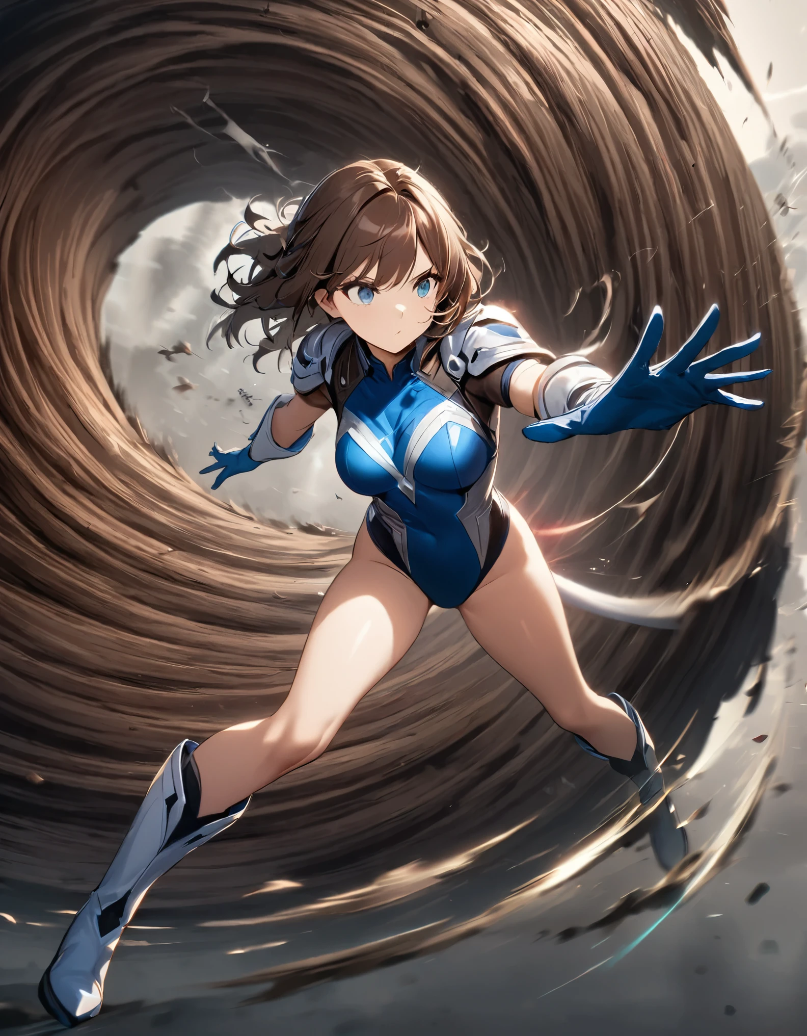 1girl, solo, solo focus, female superhero, medium breasts, leotard, red and blue leotard, bare legs, boots, matching boots, gloves, matching gloves, brown hair, blue-grey eyes, full body. (she spins) at an (incredible speed), creating a whirlwind of air around her. curved sword smash. ((she spins)) into a ((tornado)).