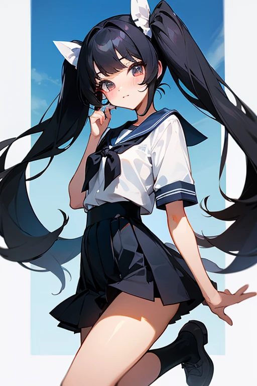 (8K、Highest image quality、highest quality、masterpiece)、detailed face、1 girl、black hair、long hair、twintails、blunt bangs、light blue eyes、evilsmall、grin、earrings、Moderate chest、((serafuku:1.1))、((sleeveless))、((school swimsuit))、show one's side、cowboy shot、lying on your back in bed、Taken from above