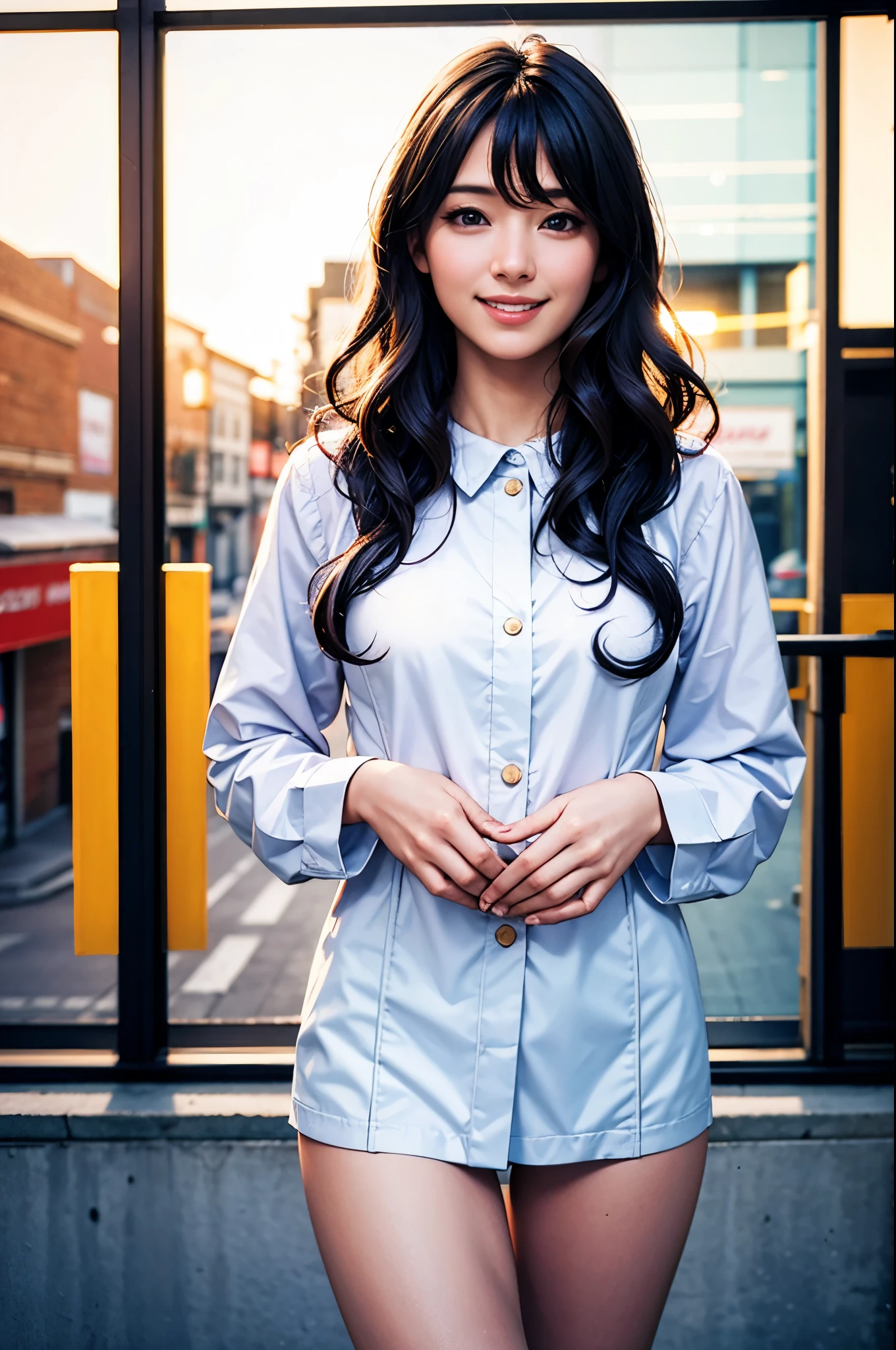 { 1 beautiful girl, city street, (cowboy shot) }, { (masterpiece), (best quality:1.4), (photo realistic:1.4), (8K resolution) }, { (reflected front lighting) }, { smiling, (long curly hair), (shiny skin:0), (slender body:0), (large firm breasts:0) }, { (white skin-tight pants:0) }