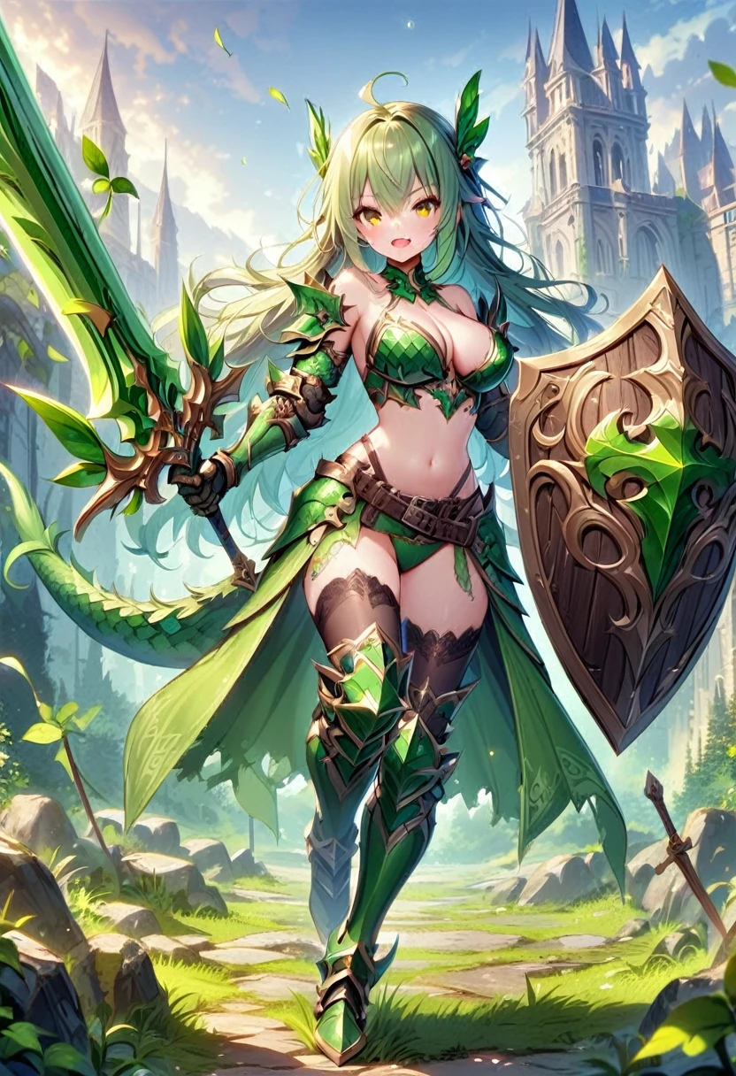 (masutepiece, Best Quality),shield, 1girl, weapon, solo, faux-figurine, holding-shield, long-hair, breasts, sword, green-hair, holding, navel, armor, holding-weapon, open-mouth, large-breasts, grass, looking-at-viewer, full-body, holding-sword, belt, smile, thighhighs, cleavage, shoulder-armor, yellow-eyes, monster-girl, tail, standing, gauntlets, flower, midriff, bangs, (scales), helmet, bare-shoulders pauldrons, blush, green-tail, bikini-armor, upper-teeth-only, pelvic-curtain, teeth, armored-boots, blue-thighhighs, very-long-hair, black-thighhighs, wavy-hair, knight, ((scaly skin)), Sword and shield