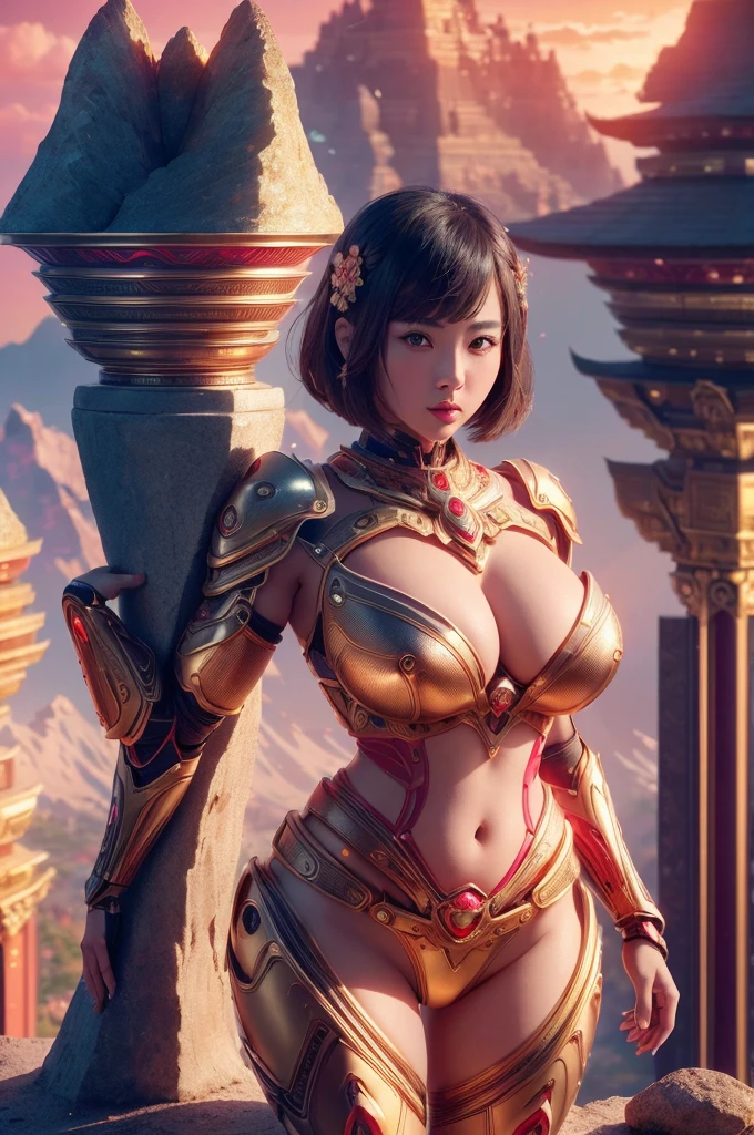 beautiful japanese young woman, wearing cyborg armor made of gold, thick symmetrical features, very short hair, background is cherry blossoms, pink aura, red lips, octane render, (Thick thighs:1.3), (huge breasts:1.3) ((Standing in the middle TOP OF A HIGH ROCKY MOUNTAIN, SUNSET, BLUE SKY,)),