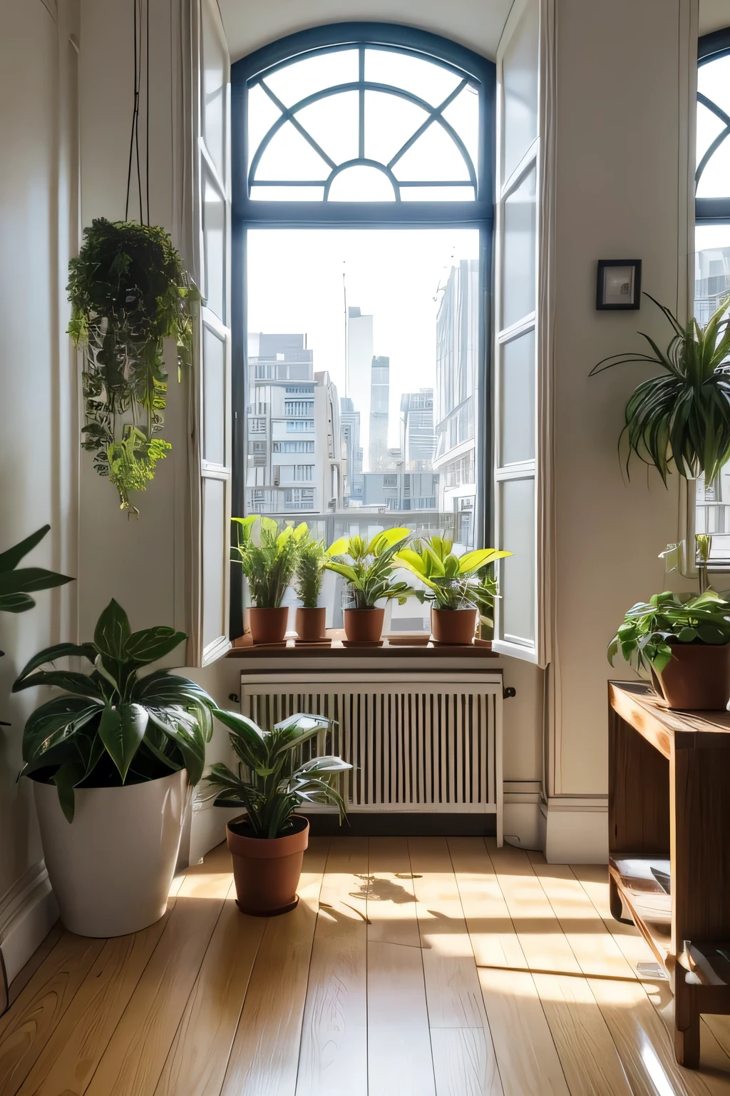 Create an ultra-realistic 4K image of a living room adorned with various plants. One plant, in particular, should be the Epipremnum pinnatum, receiving special attention to enhance the room's decor. A person should be sitting in an armchair facing the window, smoking a cigarette, and looking outside. The view through the window should showcase urban buildings, capturing a cityscape scene. The image should be rich in detail, highlighting the beautiful daylight streaming through the window on a bright day, creating an inviting and lush atmosphere that emphasizes the beauty of indoor urban gardening.